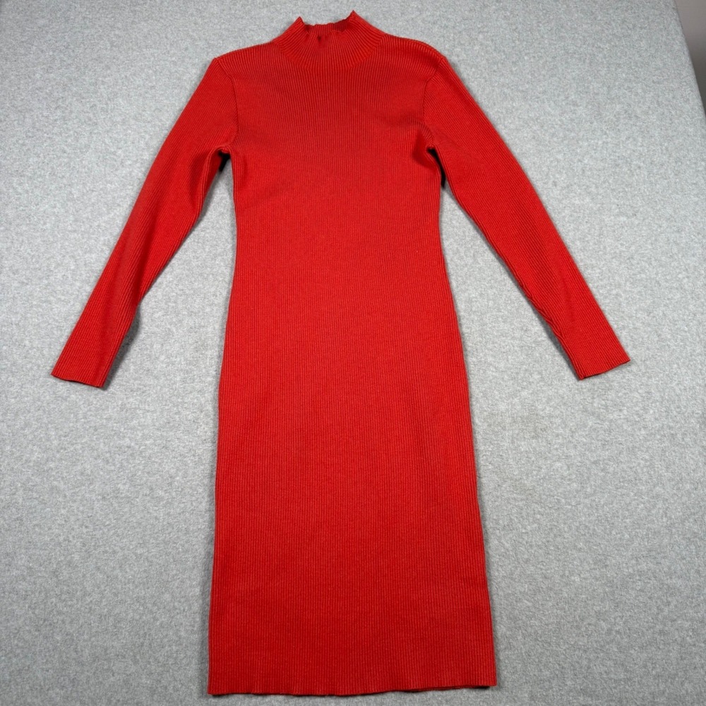 Grececelle Red Orange Ribbed Mock Neck Bodycon Sweater Dress Small Fall Autumn